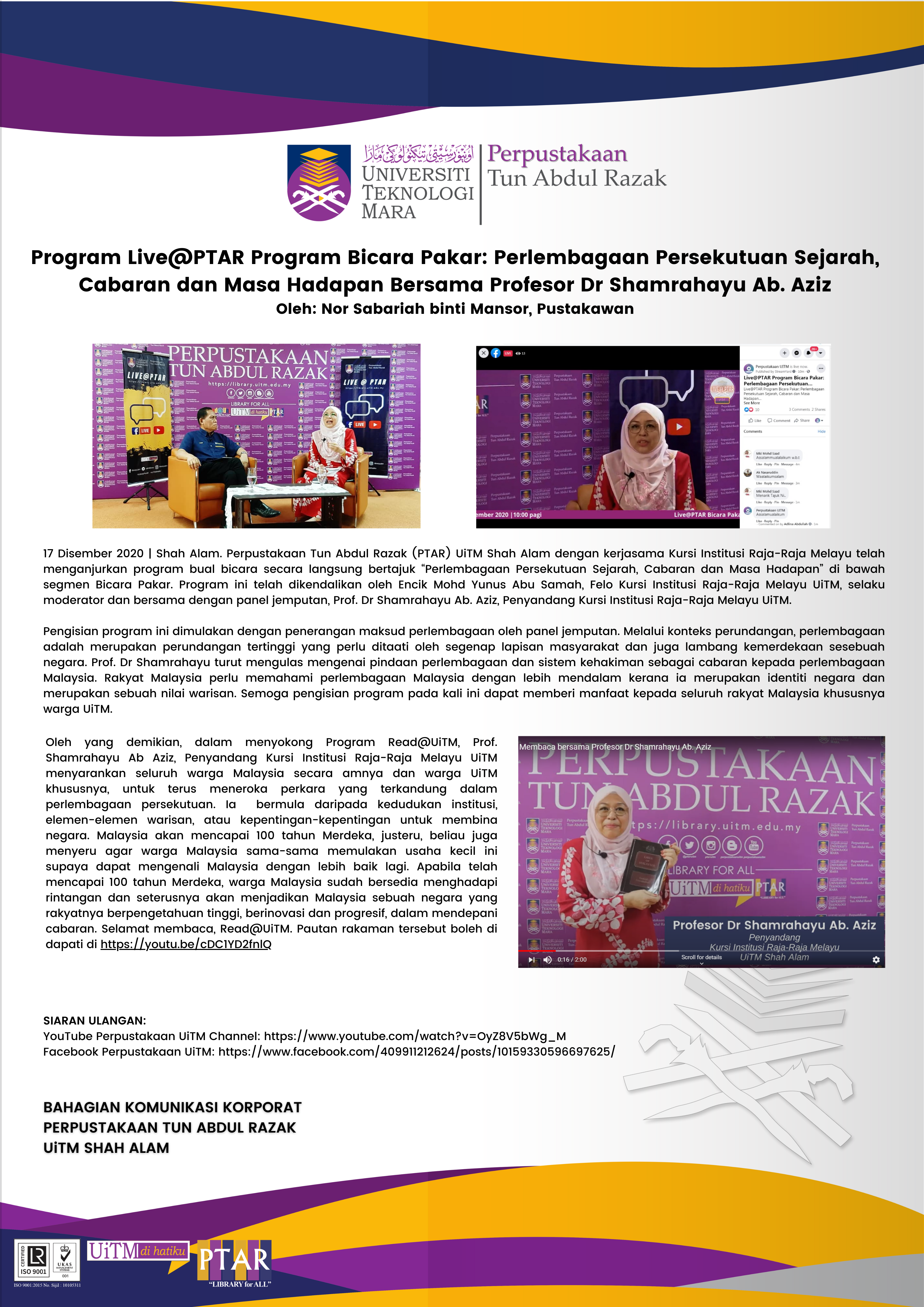 Expert Talk Program Articles : "Perlembagaan Persekutuan Sejarah, Cabaran dan Masa Hadapan Bersama Profesor Dr Shamrahayu Ab. Aziz"